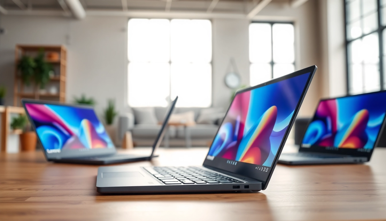 Comparativa de laptops Lenovo en un espacio de trabajo moderno con diseños elegantes.
