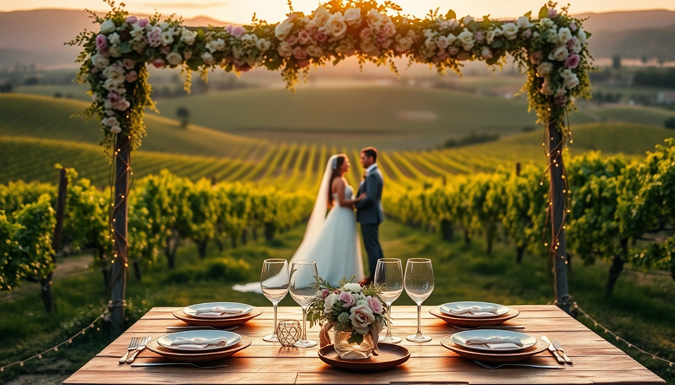 Couple celebrating at clarksburg wedding venues surrounded by vineyards and sunset ambiance.