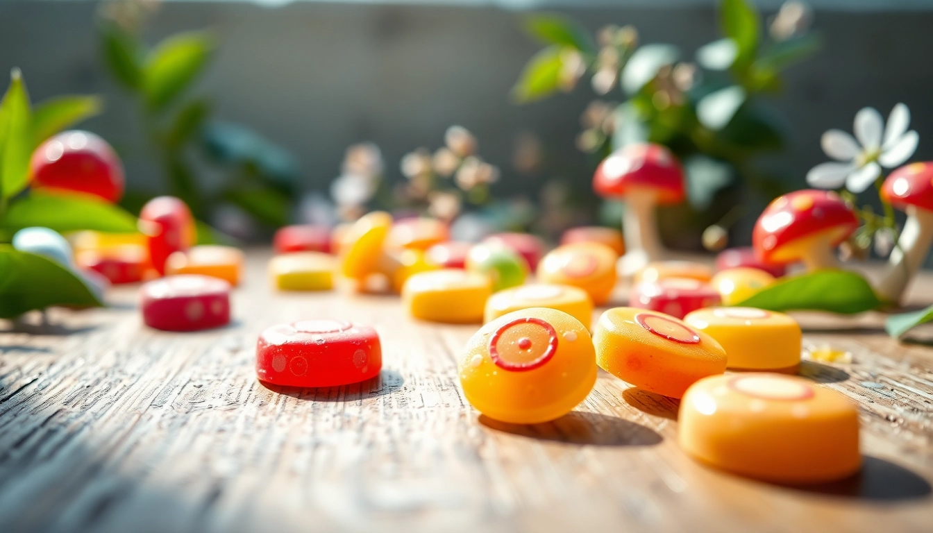 Delightful magic mushroom candy pieces arranged artfully on a wooden table.
