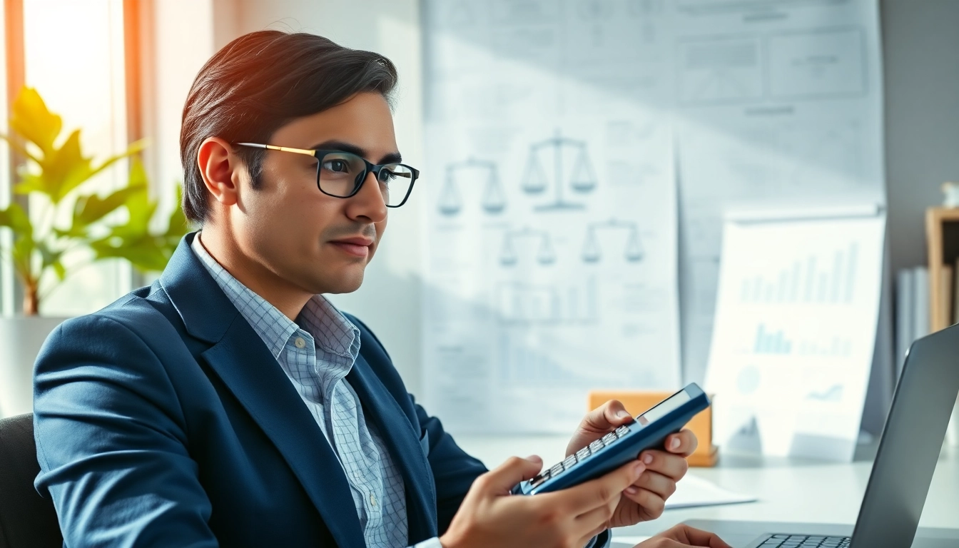 Perform alimony calculation in India with a financial advisor examining documents and a calculator.