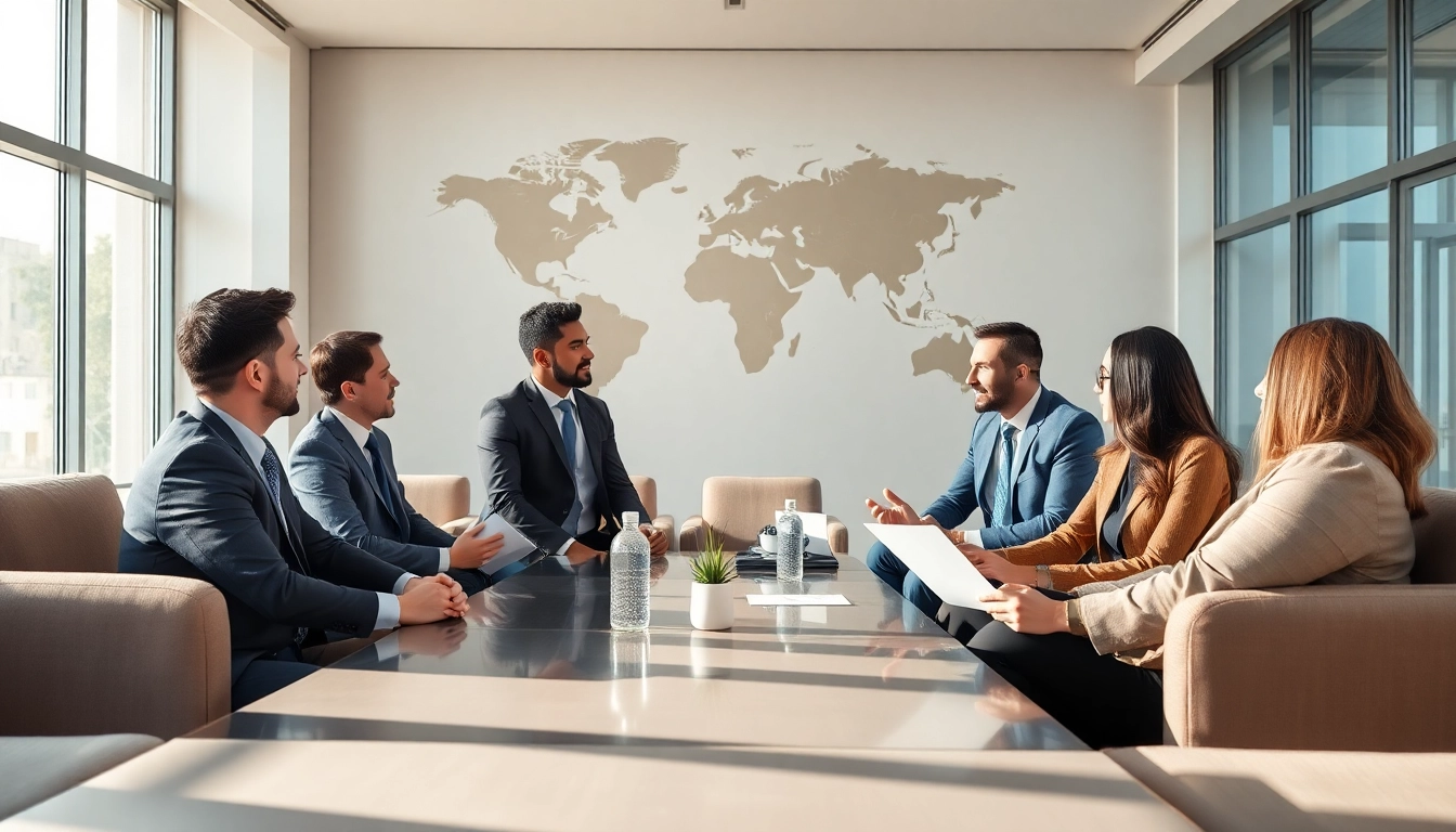 Discussing trade agreements in a professional meeting room with diverse business people.