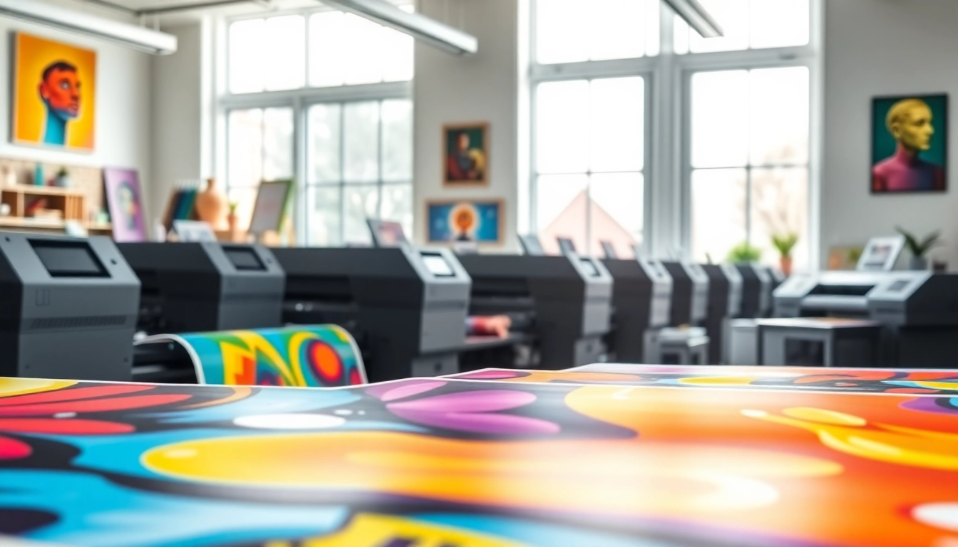 Showcasing vibrant school poster printers in a modern print shop filled with energetic artwork.