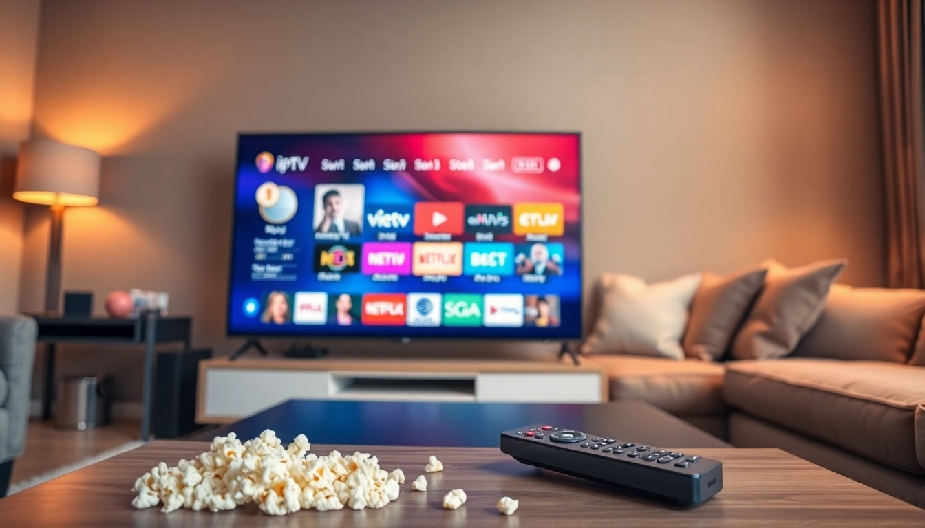 Engage with IPTV Subscription in a stylish living room setting, highlighting vibrant streaming entertainment.