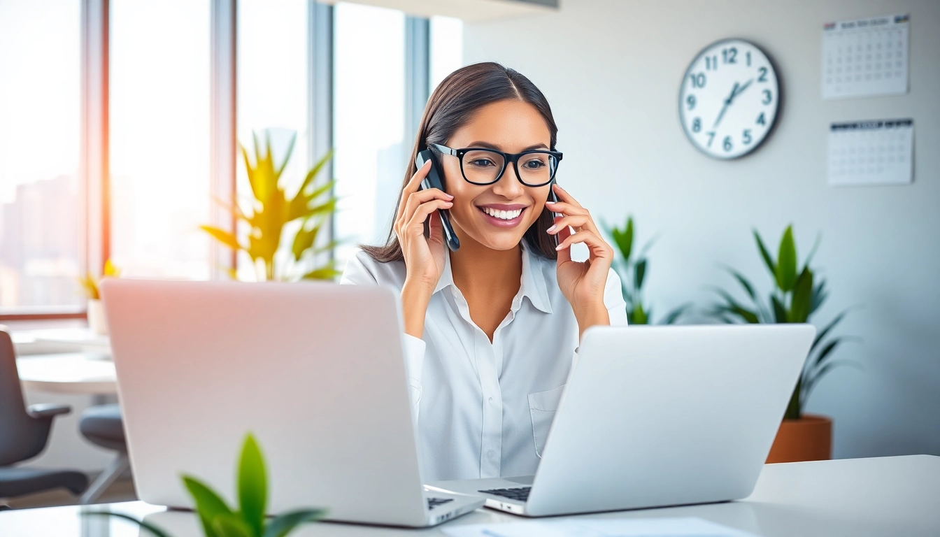 Implementing a Virtual Answer Service, showcasing a professional receptionist engaging with clients.