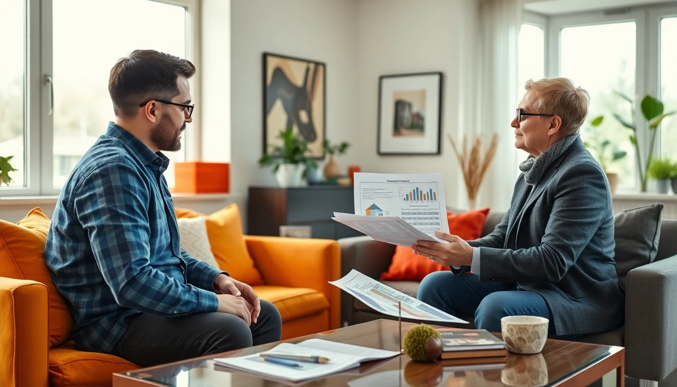 Real estate agent helping a couple with wohnung verkaufen nürnberg in a bright, modern living room.