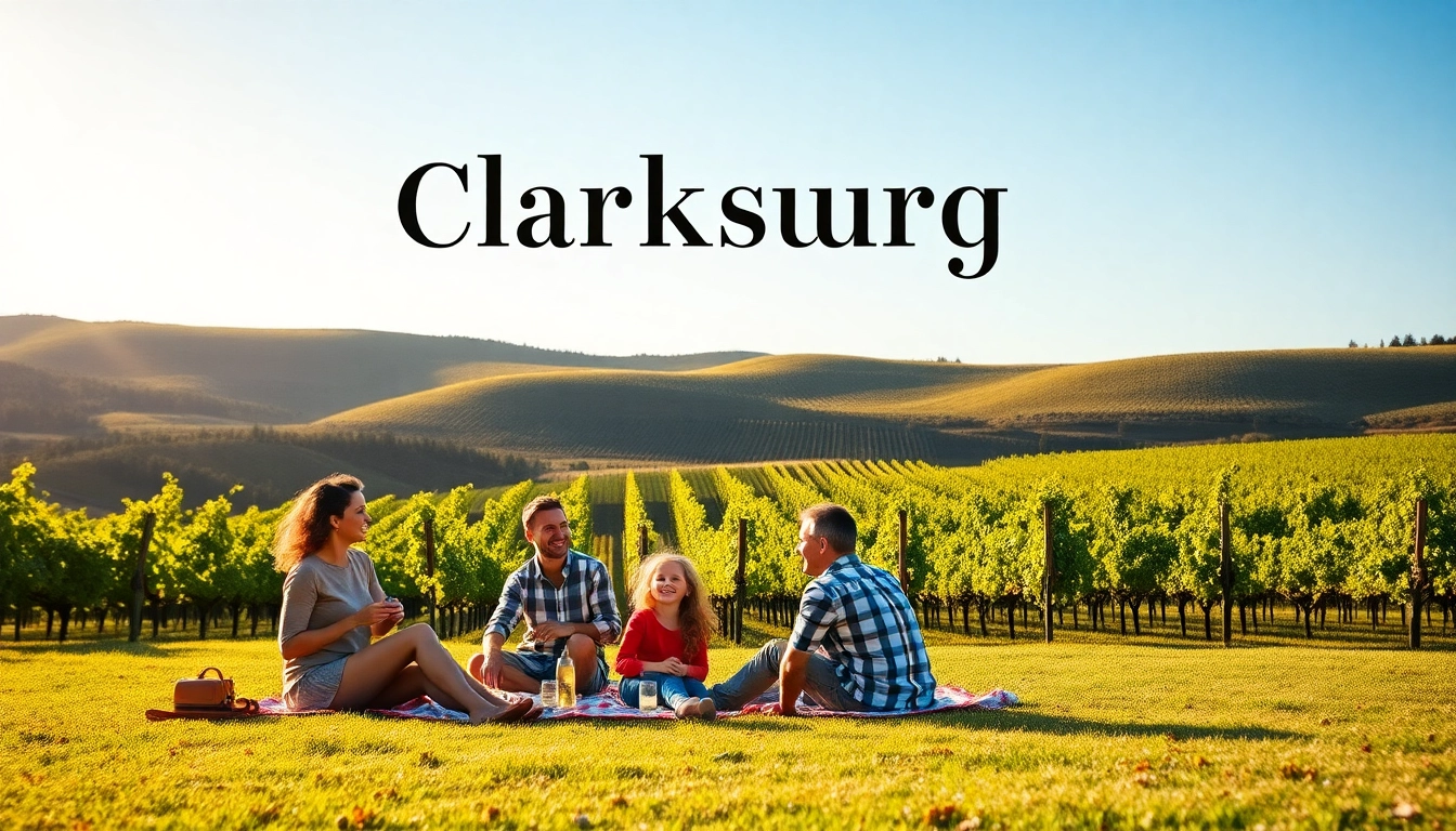 Experience the beauty of Clarksburg's wineries and vineyards in a joyful family picnic scene.