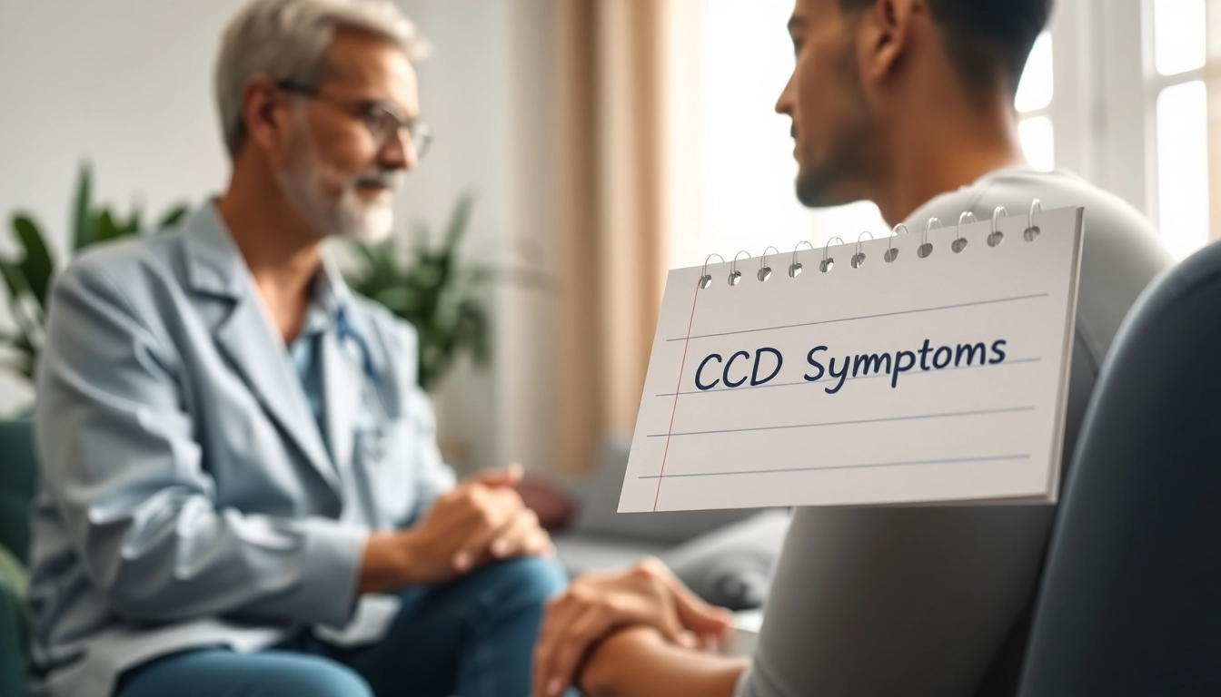Therapist discussing OCD symptoms with a patient in a calming environment.