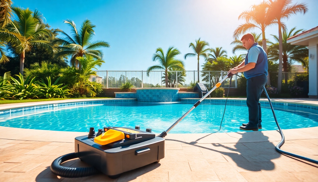 Swimming pool service Pinellas County featuring a technician cleaning a crystal-clear pool in a sunny backyard.