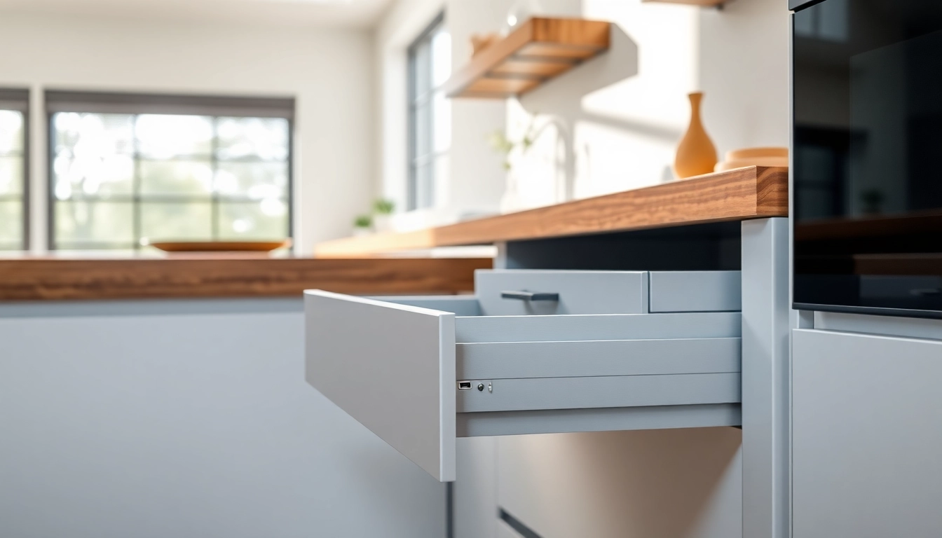 Showcasing the slim box drawer system in a modern kitchen with elegant designs and functionality.
