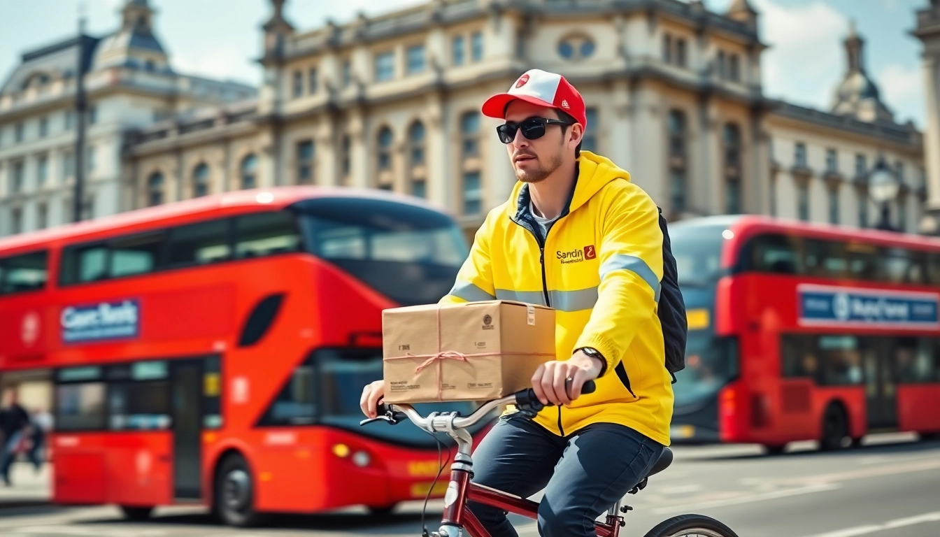 Delivering a same day courier service in London showcasing a vibrant urban setting and professional courier.