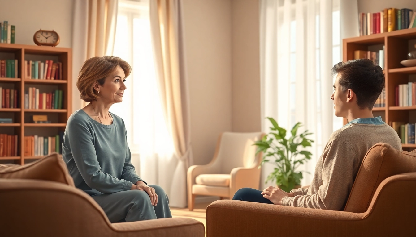 Attachment theory specialist engaging with a client in a warm therapy setting