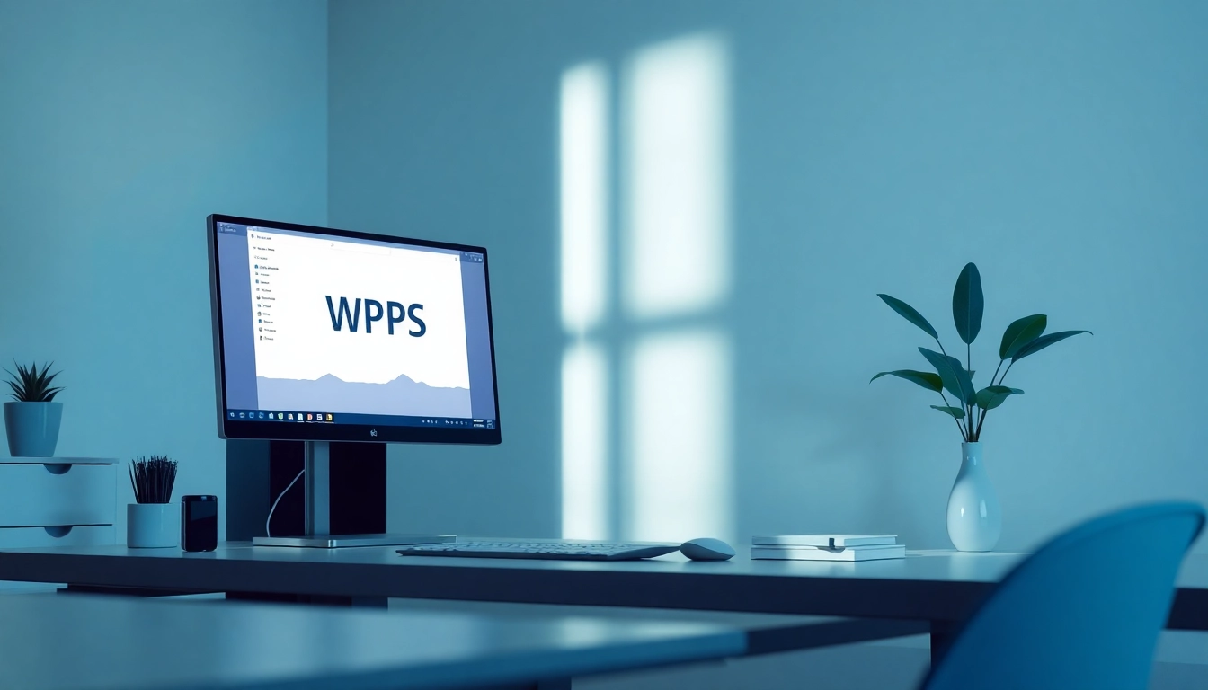 Apply WPS下载 software on a sleek monitor within a bright workspace environment.