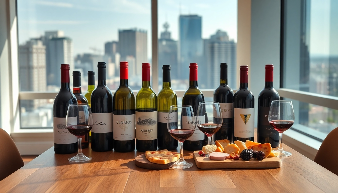 Order wine delivery Toronto with a stylish setup featuring wine bottles, glasses, and skyline views.