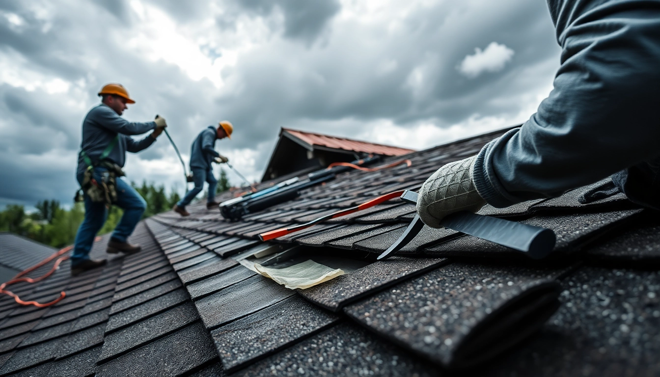 Emergency roof repair Texas professionals fixing a roof during a storm crisis