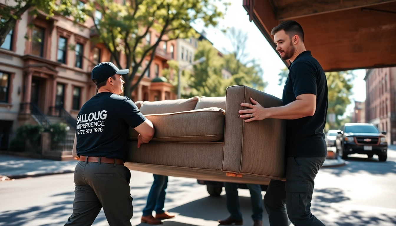 Brooklyn movers expertly transporting furniture during a residential move in a bustling urban setting.