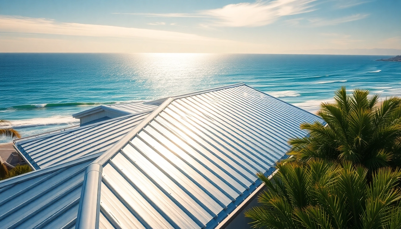 Highlight coastal metal roofing on a house beautifully set against a vibrant coastal background.