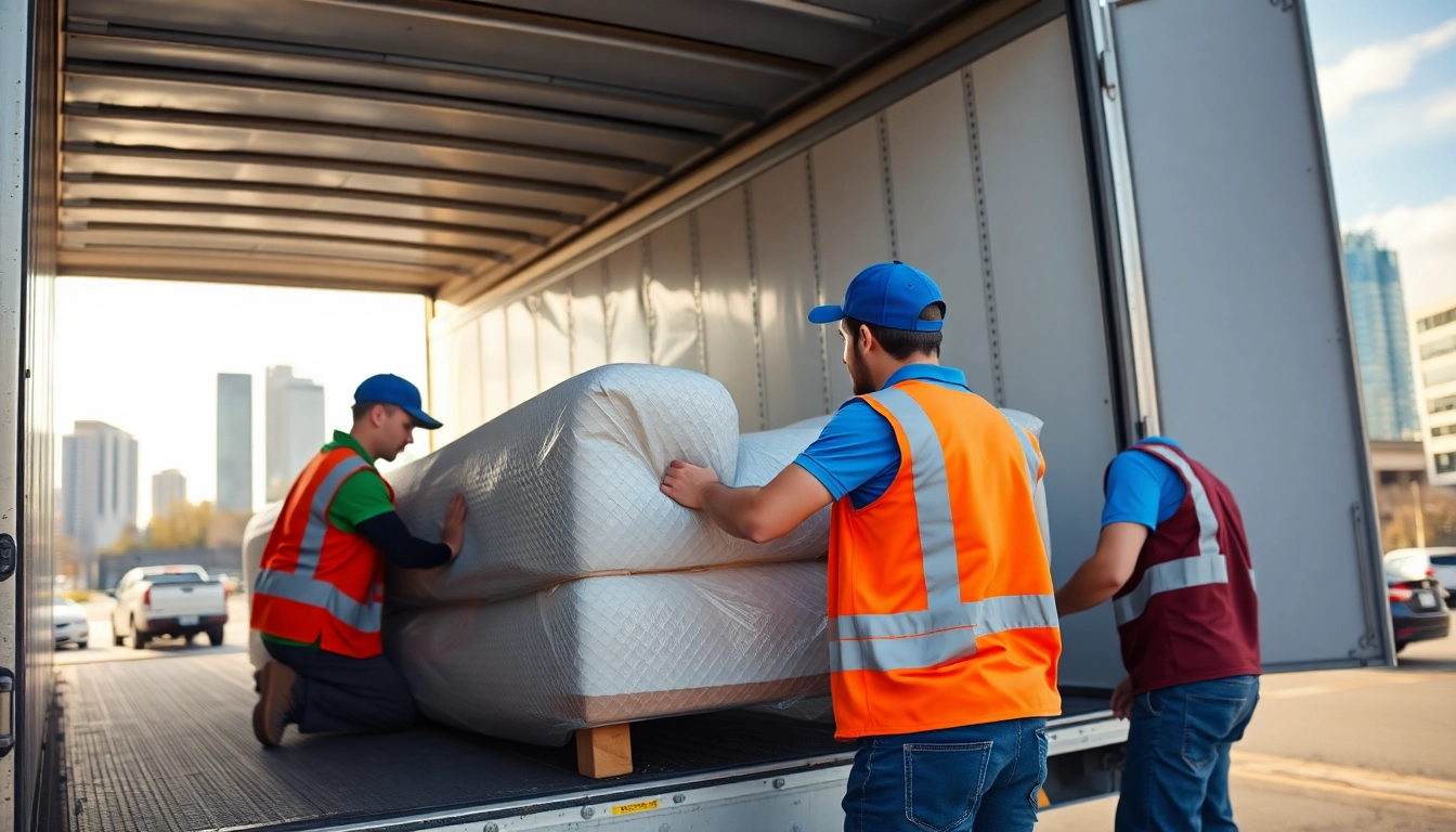 Efficient movers handling packing sofa with moving services edmonton in a bustling urban setting