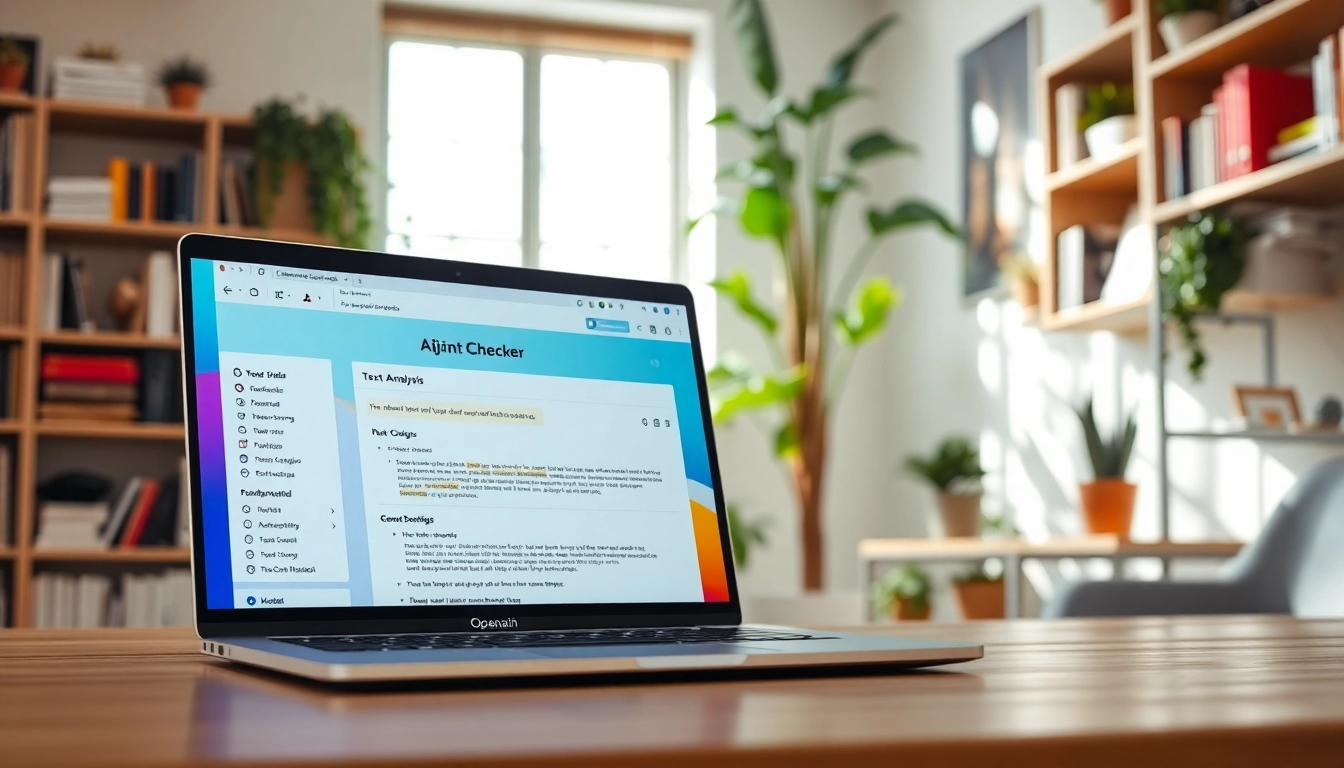 Analyze content using the AI checker tool displayed on a modern laptop in a bright office