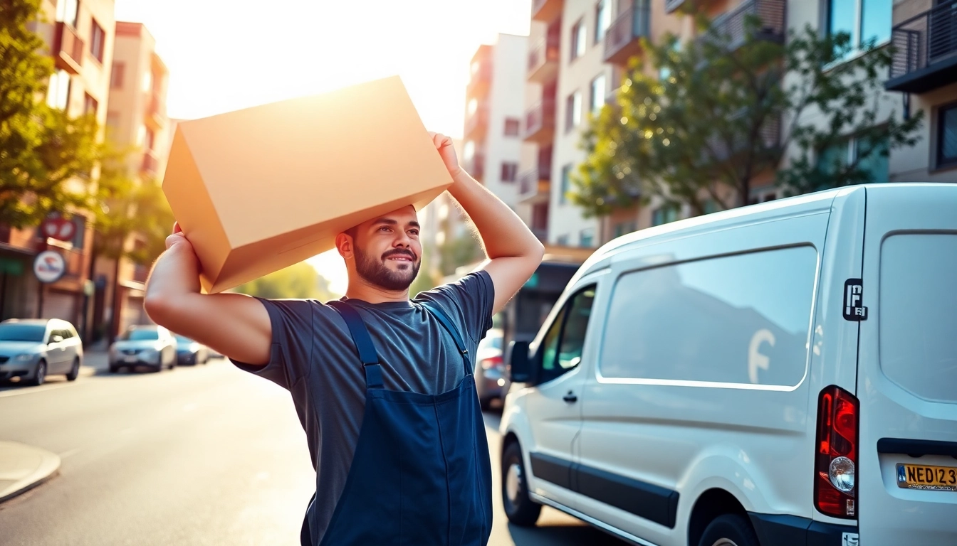Man and van Moving service with a professional mover lifting a heavy carton in an urban setting.