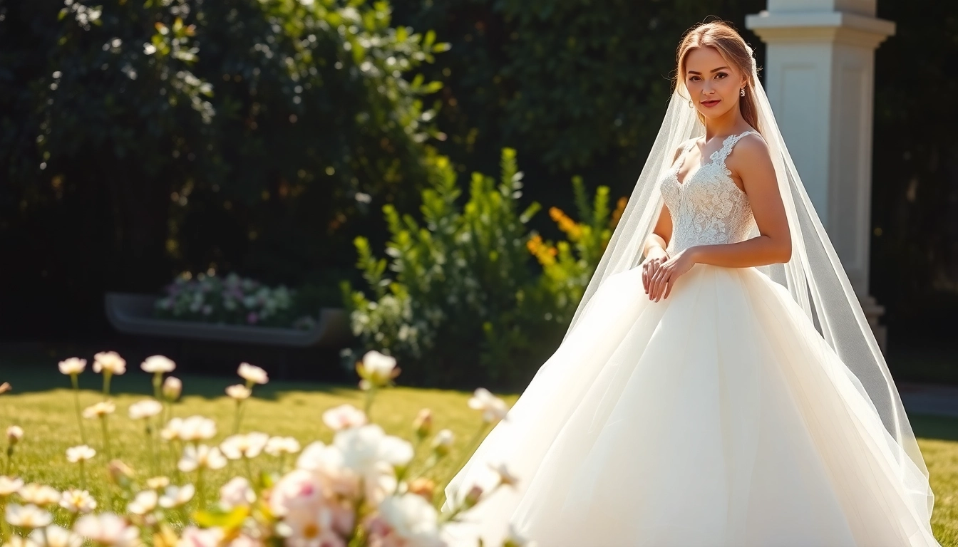A bride showcasing a beautiful fit and flare wedding dress in a vibrant garden setting, embodying elegance and romance.