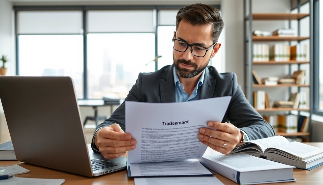 Consultant reviewing a trademark application document in a professional office setting.