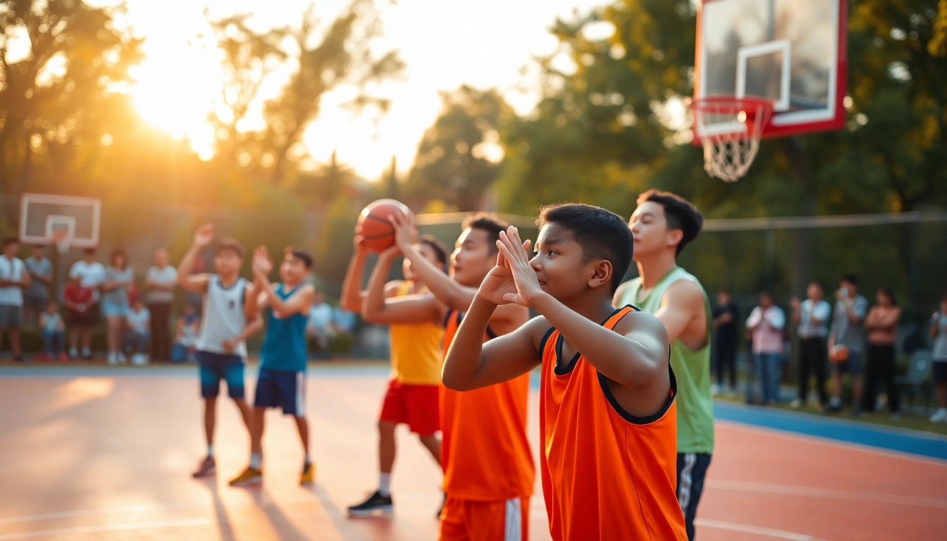 Young athletes practicing basketball training programs on an outdoor court during golden hour.
