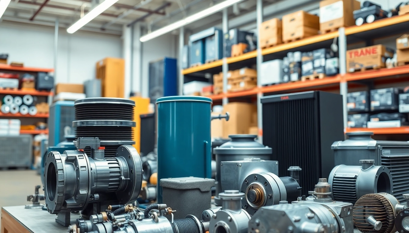 Showcase of diverse Trane parts dealer selection in a bustling workshop environment.