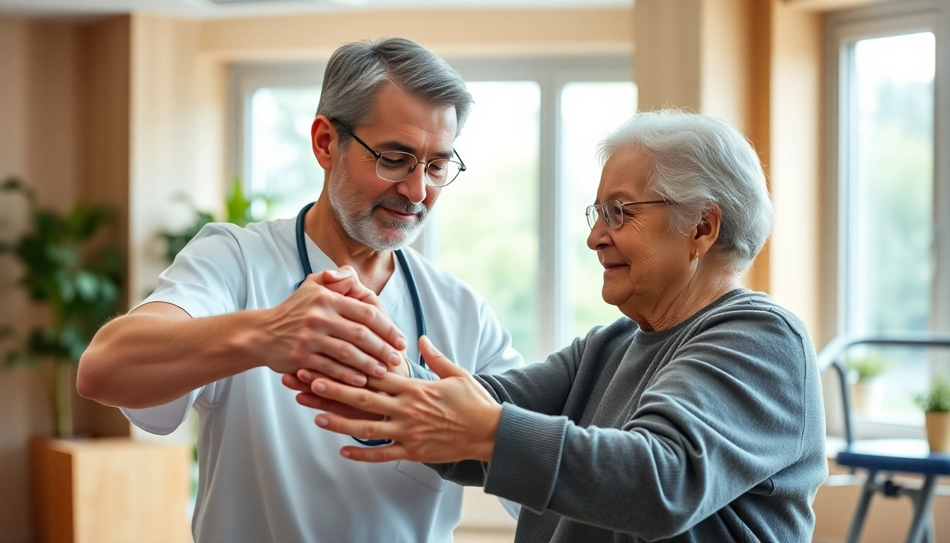 Senior physiotherapy Edmonton: A therapist assisting an elderly patient during rehab, conveying care and professionalism.