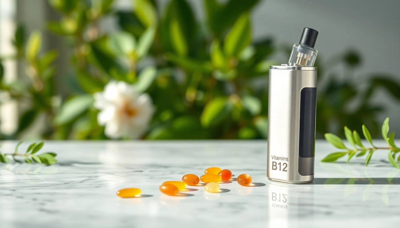 B12 vape pen showcasing its sleek design on a marble surface, highlighting health benefits.