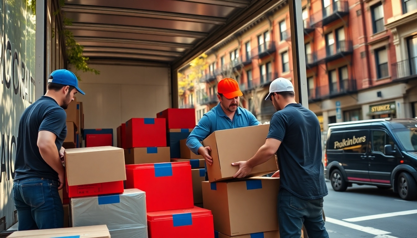 Brooklyn movers efficiently loading boxes into a truck amidst a busy city backdrop.
