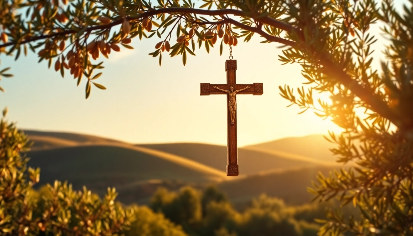 Admiring Jerusalem crosses artistically showcased against a serene olive grove.