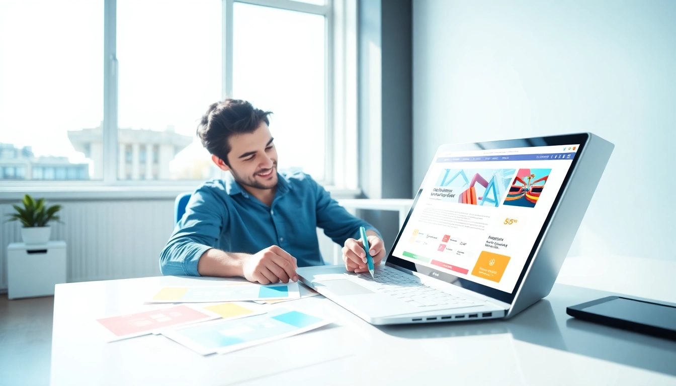 Cattura la creazione siti web con un designer in un ambiente moderno e luminoso.
