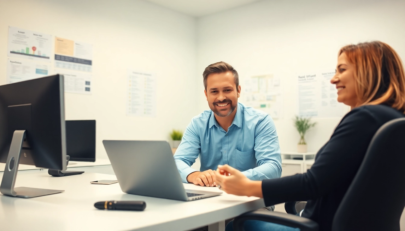 Provide computer help with a professional technician assisting a client in a modern office.