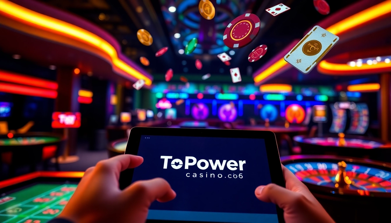 Engaged user enjoying games at TPower casino with colorful digital tables and vibrant casino atmosphere.
