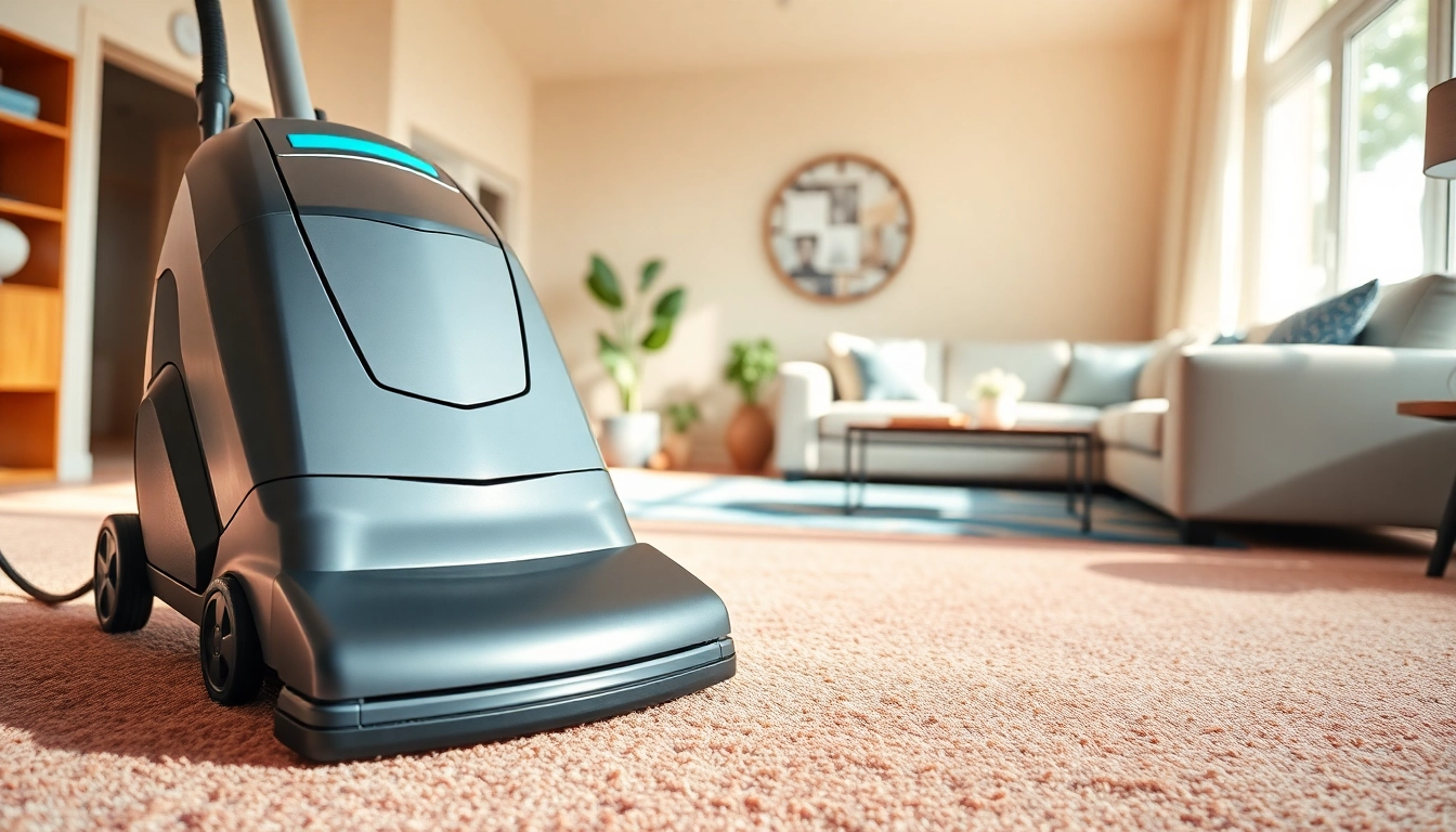 Promoting carpet cleaner same day services with a modern cleaning machine in a bright living room.