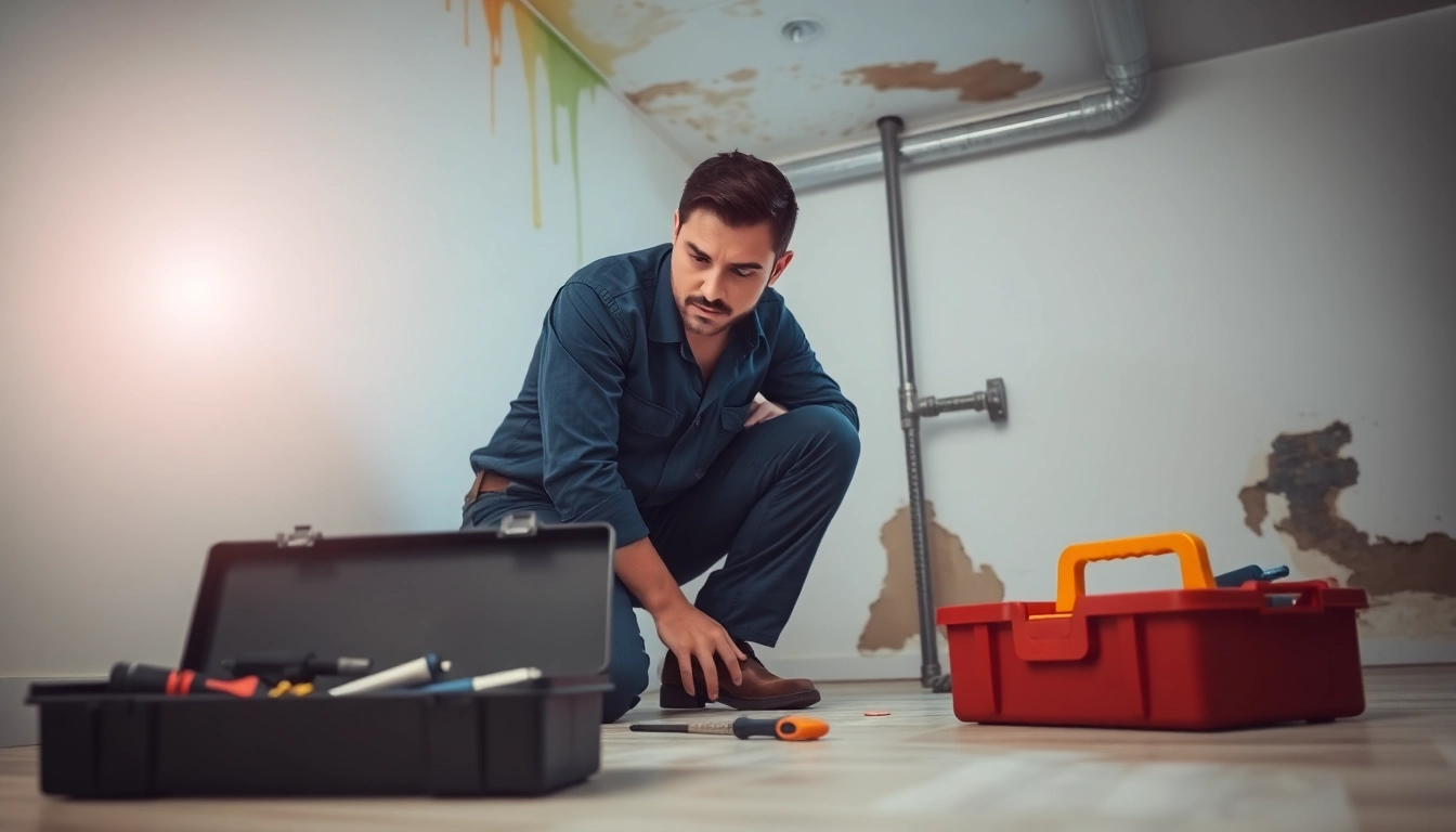 Emergency water leak repair Phuket with a plumber fixing a leaking pipe in a home.