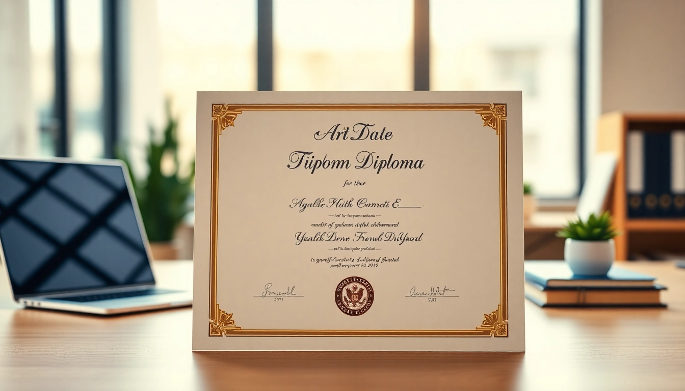 Buy a fake diploma showcasing a detailed, professional design in a modern office.