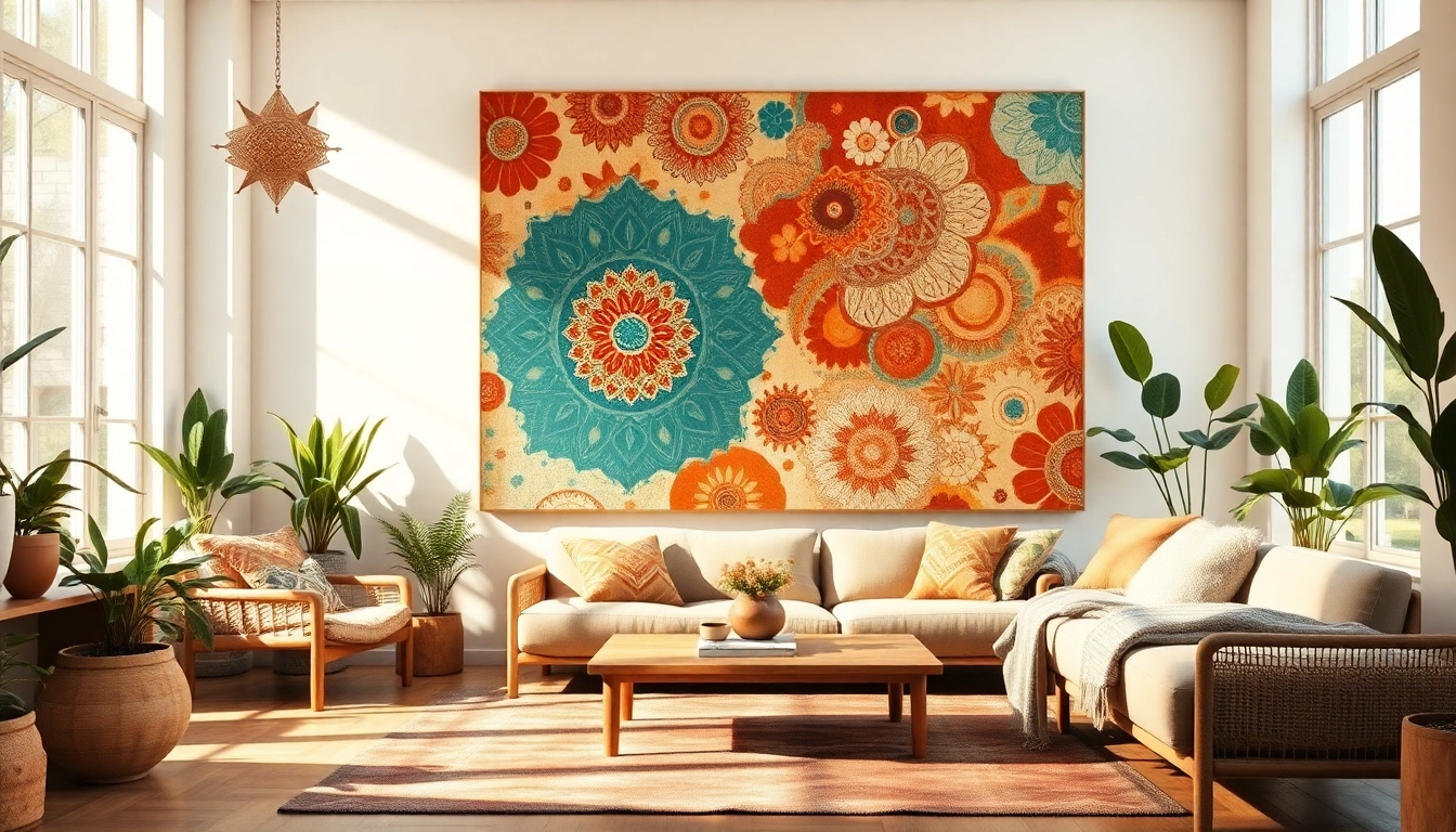 Admiring modern bohemian wall art in a sunlit living room setting with cozy decor.