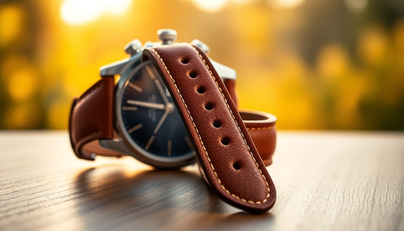 Showcasing a premium 18mm watch strap with intricate leather detailing resting on a wooden surface.