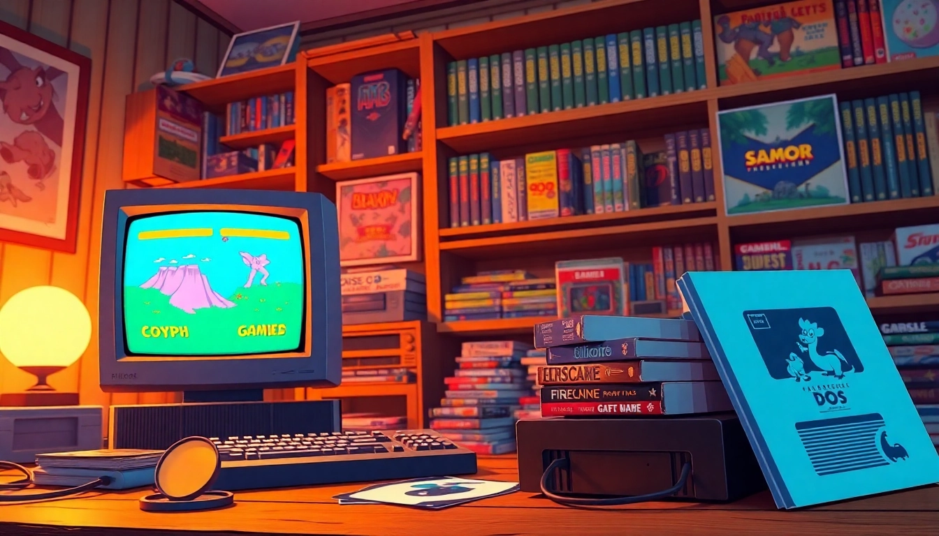 Play DOS games on a retro computer setup displaying nostalgic game screens and accessories.