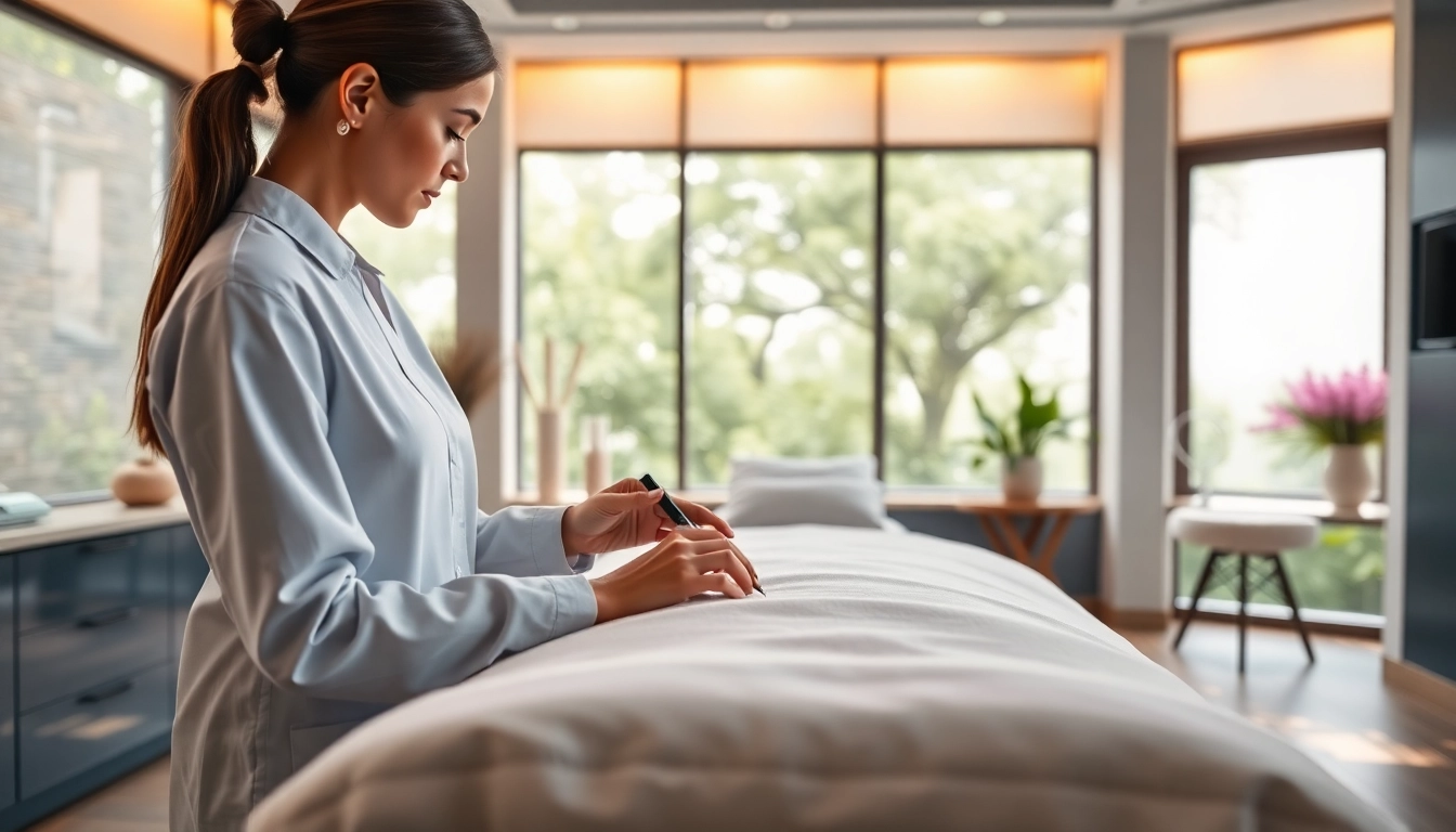 Aesthetic expert preparing for treatments in a serene spa setting, emphasizing aesthetics and professionalism.