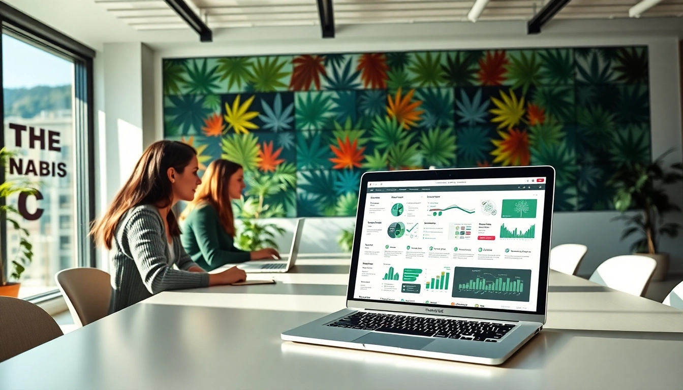 Cannabis marketing agency team collaborating in a vibrant workspace with modern technology.