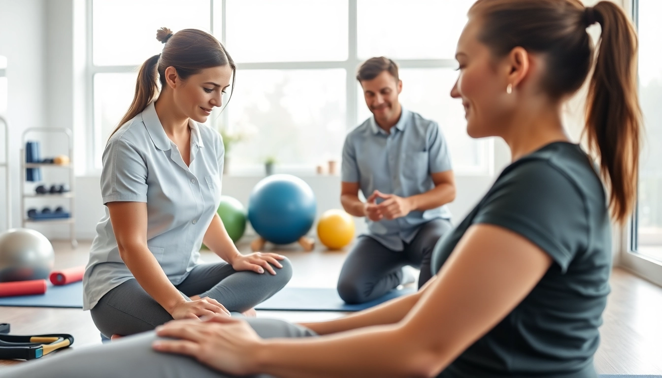 Physiotherapy Edmonton session with a therapist assisting a patient in a calming clinic environment.