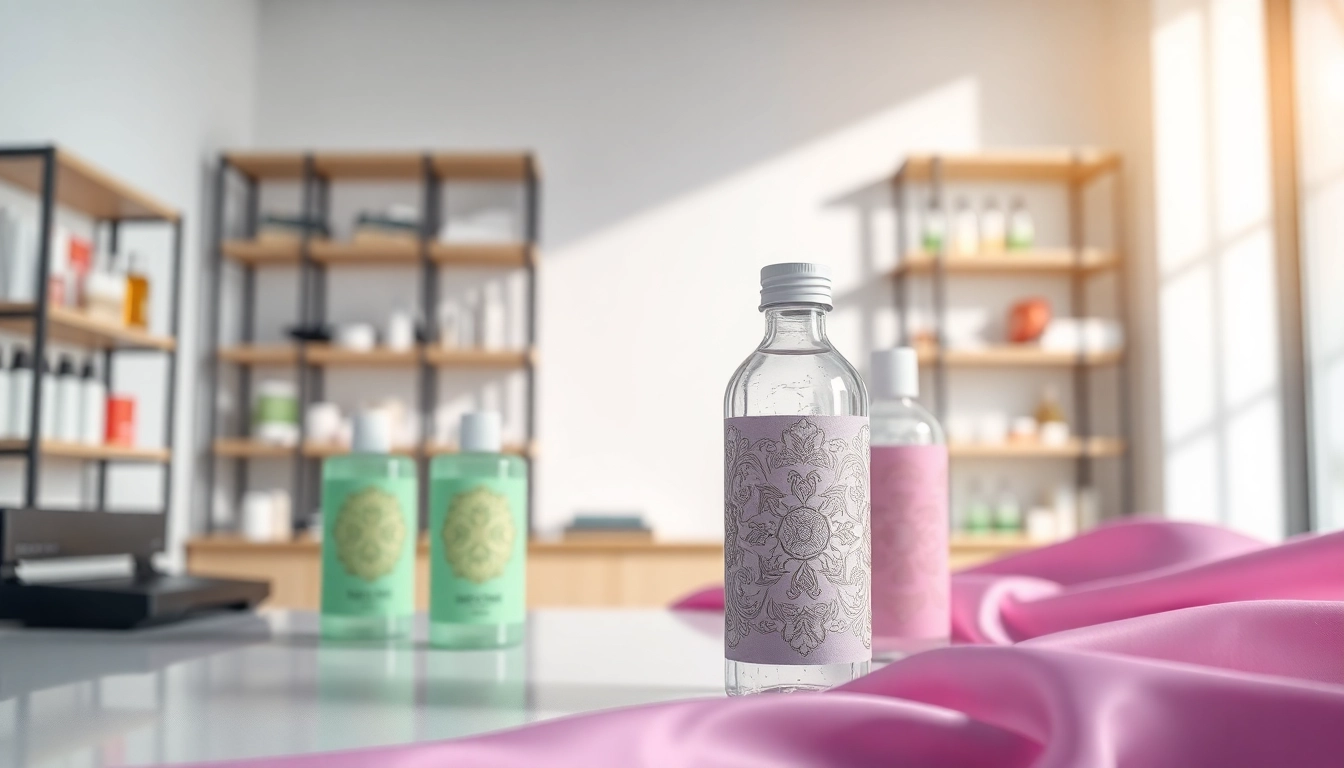 Engaging scene of cosmetic label printing showcasing beautifully designed labels on elegant bottles.