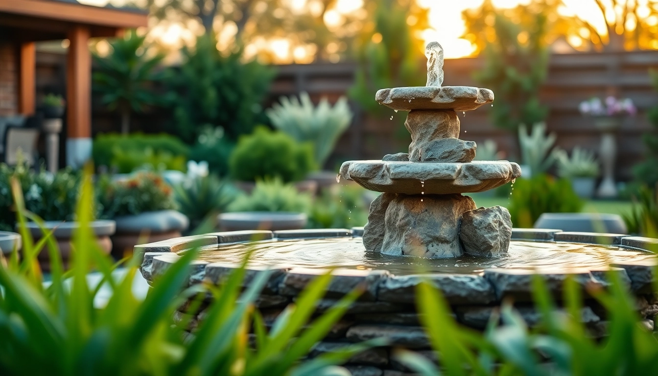 Gartenbrunnen in einer idyllischen Gartenlandschaft mit fließendem Wasser.