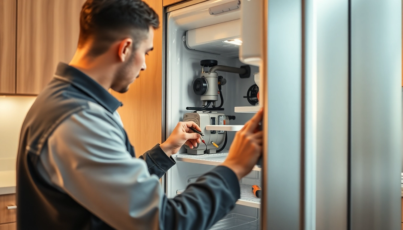 Expert technician conducting refrigerator repair in a well-lit kitchen, showcasing precision work.