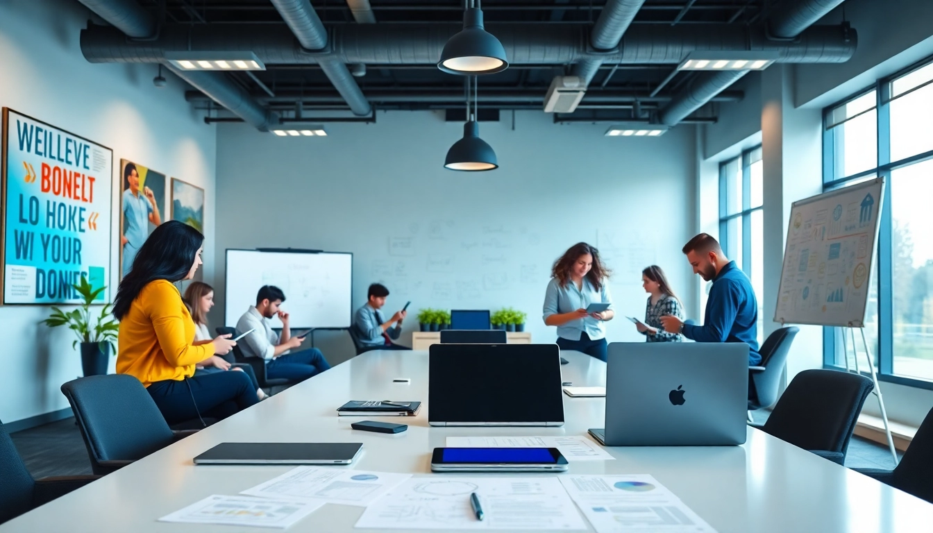 Creative team collaborating in a social media agency office environment filled with motivation.