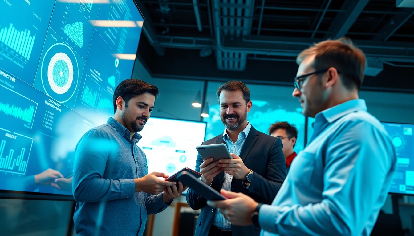Site reliability engineering experts collaborating in a modern office environment with tech features.