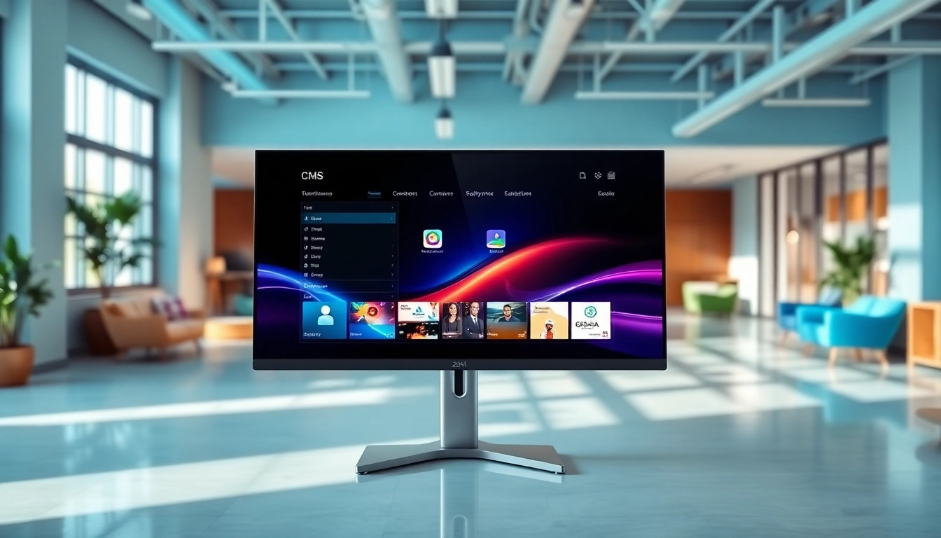 Engage with digital signage CMS on a modern touchscreen display in a vibrant workspace.