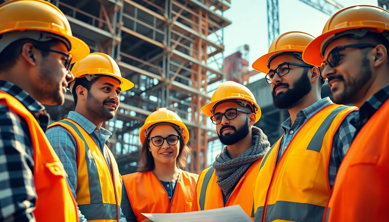 Showcasing careers in construction with workers collaborating on-site in a bustling environment.